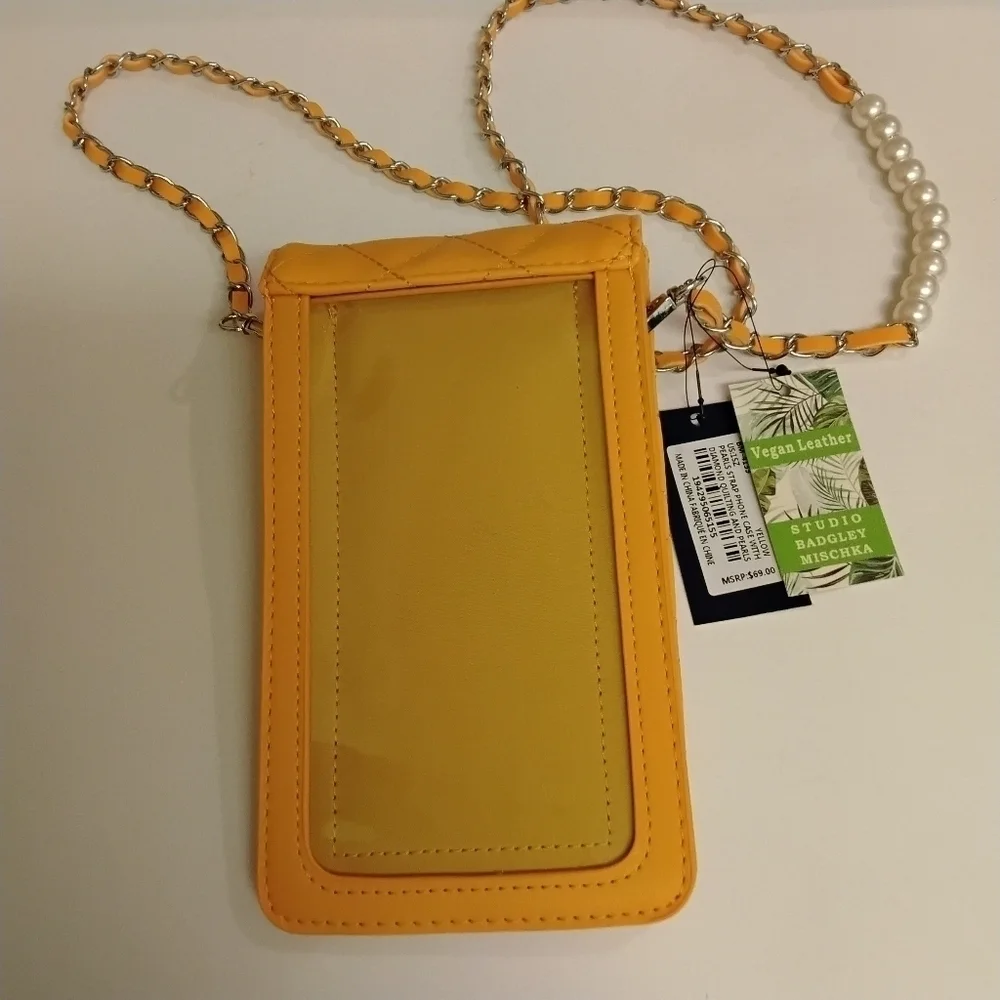 Badgley Mischka Limited Edition Yellow Vegan Quilted Studded Pearls Phon…